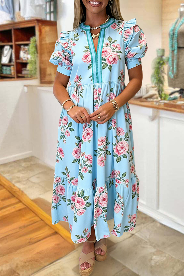 Rose Puff Sleeved Maxi Dress