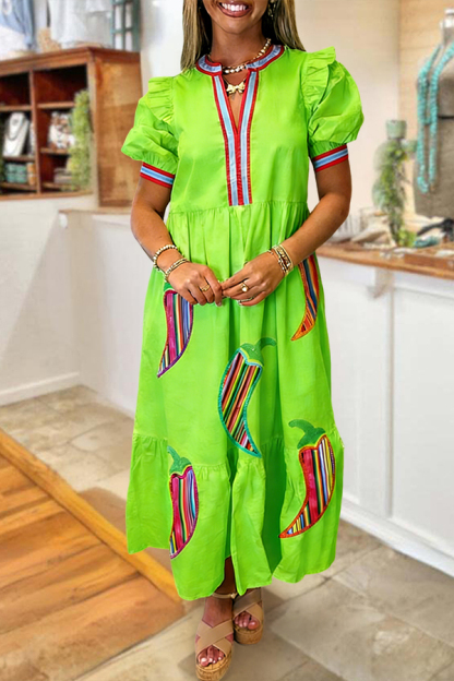 Cinco De Mayo Chili Pepper Puff Sleeve Maxi Dress