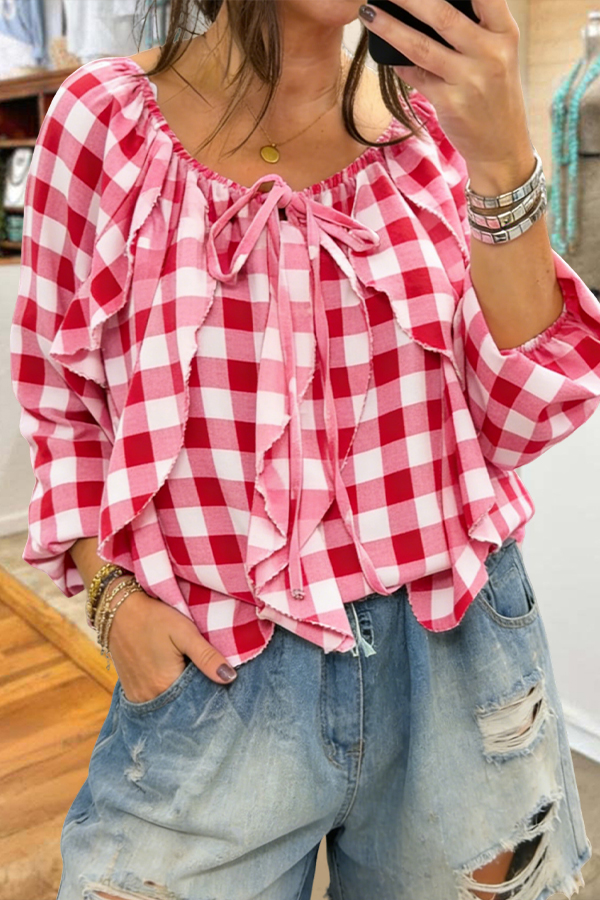 Flowy Plaid Ruffle Blouse