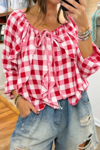 Flowy Plaid Ruffle Blouse