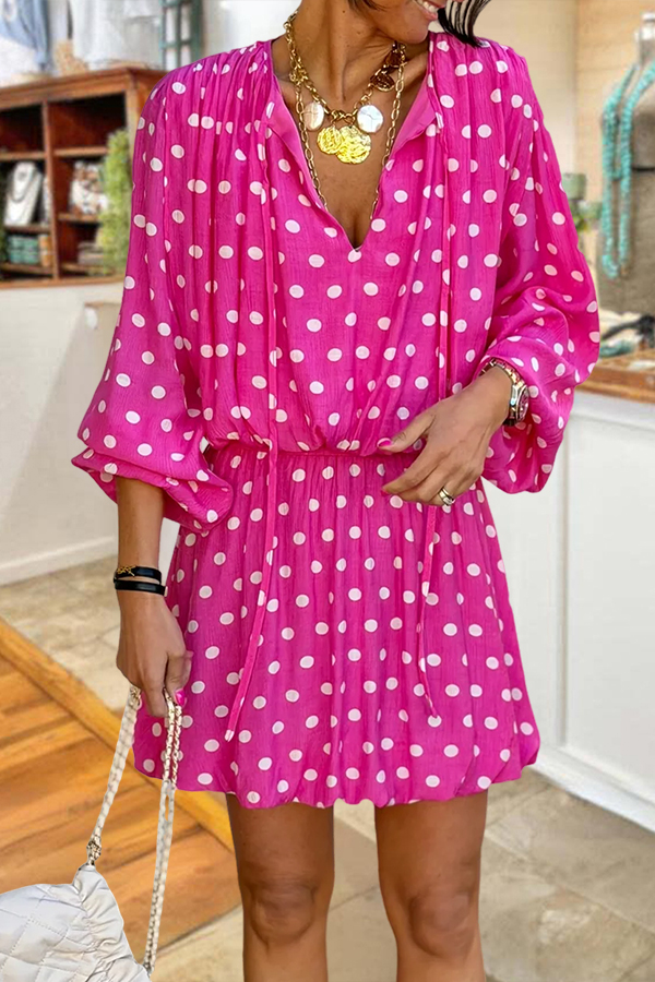 Polka Dot V-Neck Drawstring Mini Dress