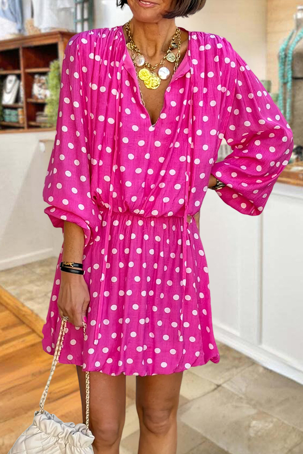 Polka Dot V-Neck Drawstring Mini Dress