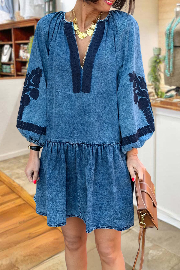 Puff Sleeve V-Neck Ruffle Mini Dress