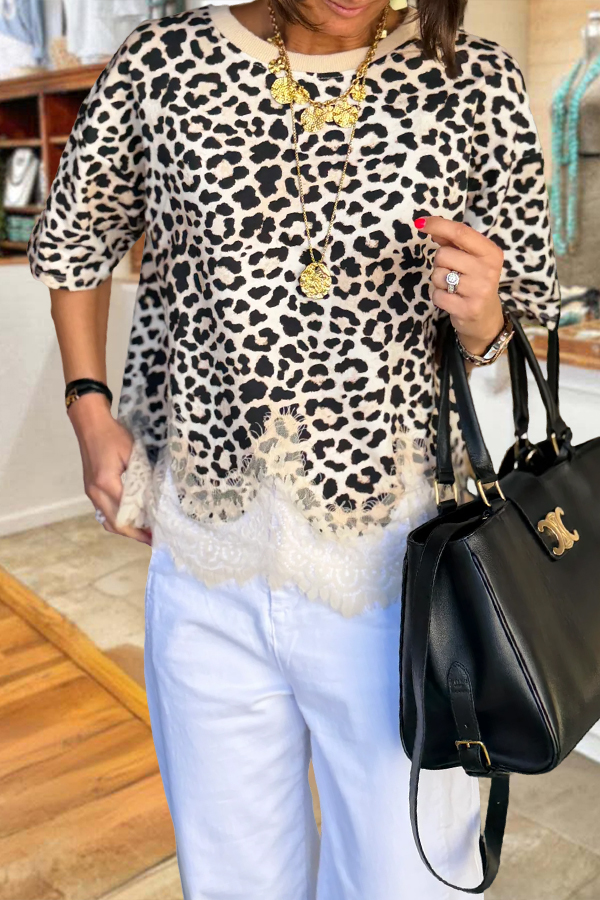 Leopard Print Lace Patchwork T-Shirt