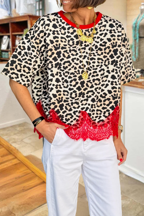 Leopard Print Lace Patchwork T-Shirt