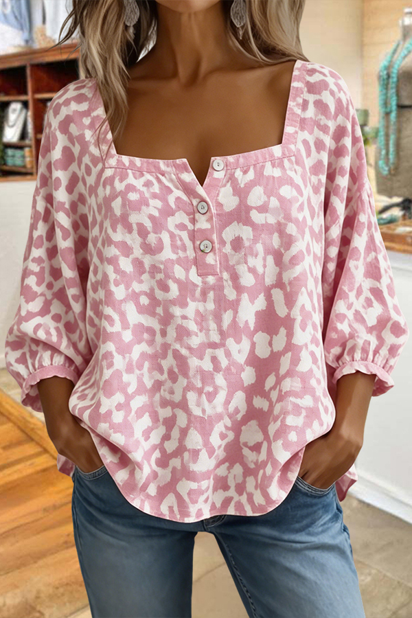 Leopard Print Square Neck Casual Top