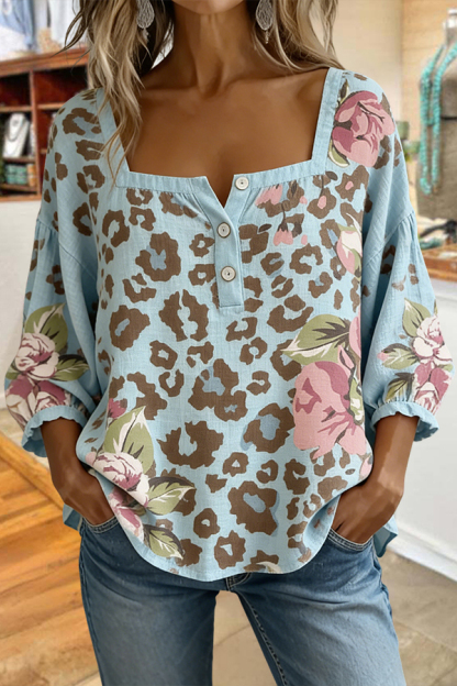 Leopard Print Floral Square Neck Casual Top