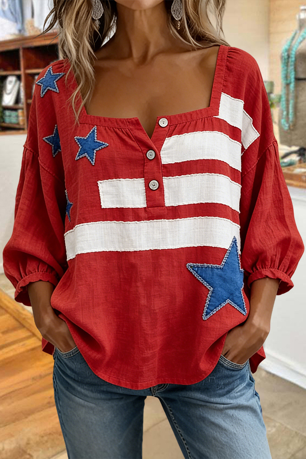 Star Striped USA Square Neck Casual Top