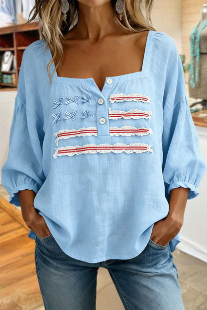 USA Sweet Bow Striped Square Neck Casual Top