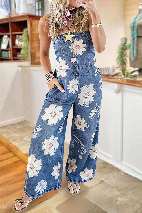 Bohemian Floral Strapless Wide Leg Jumpsuit