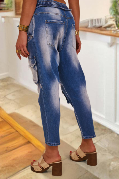 Washed Elastic Waistband Jeans