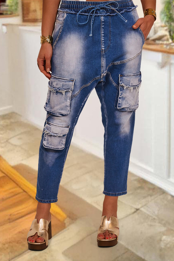 Washed Elastic Waistband Jeans