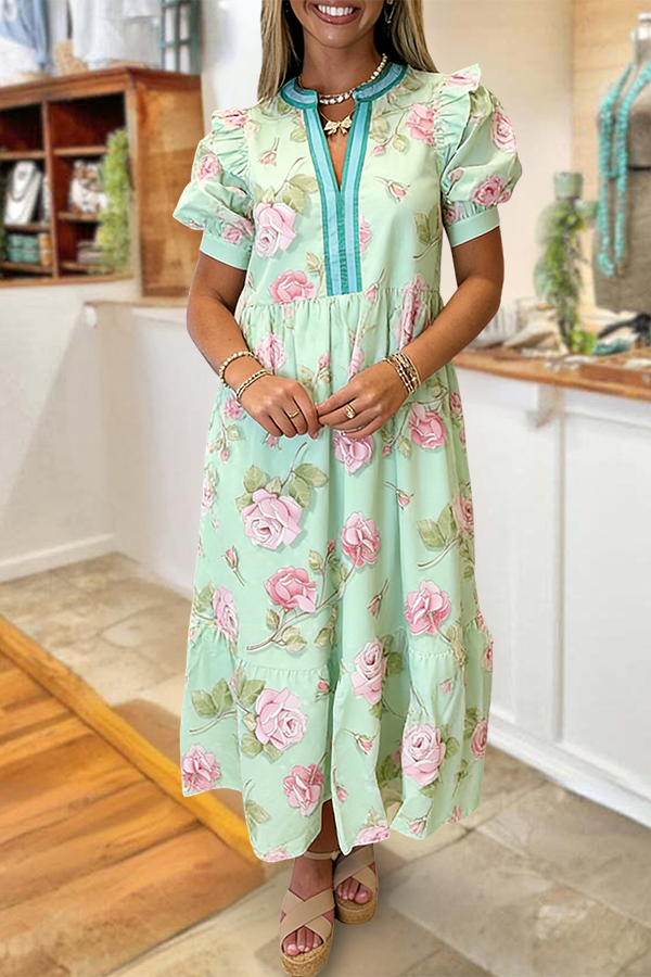 Color Blocked Floral Puff Sleeve Maxi Dress