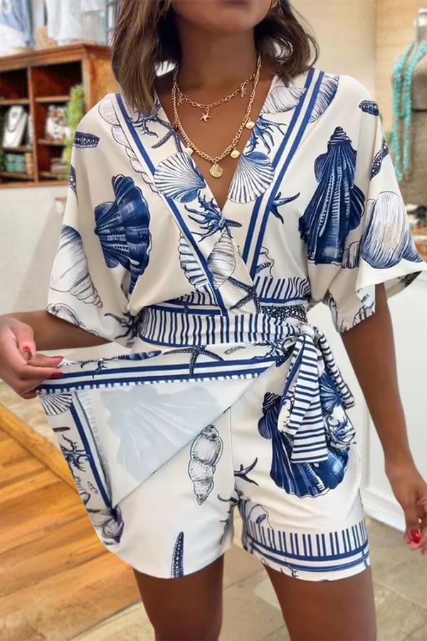 Starfish And Seashell Print Vacation Romper