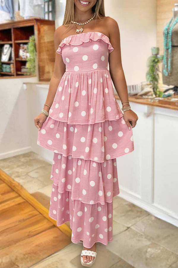 Polka Dot Strapless Multi Layered Ruffle Maxi Dress