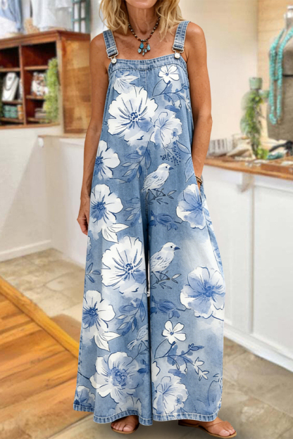 Elegant Floral And Bird Wide Leg Overalls