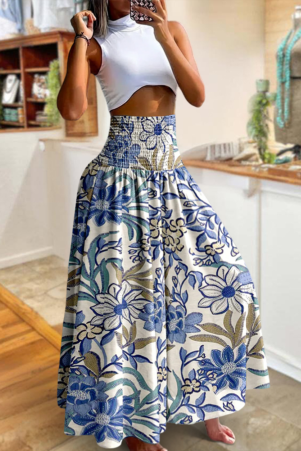 Vintage Floral Print High Waist Shirred Elastic Waist Wide Leg Pants