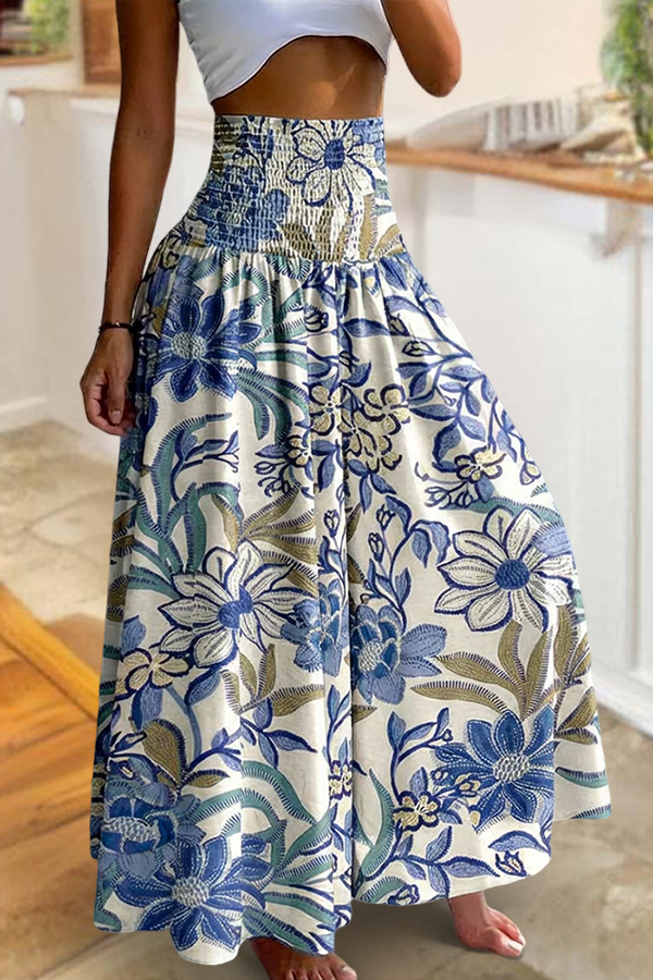Vintage Floral Print High Waist Shirred Elastic Waist Wide Leg Pants