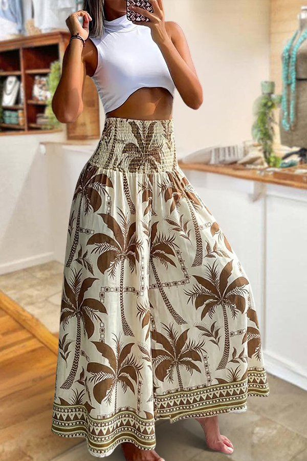 Vintage Plants Print High Waist Shirred Elastic Waist Wide Leg Pants