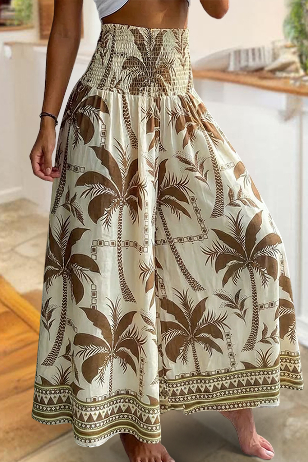 Vintage Plants Print High Waist Shirred Elastic Waist Wide Leg Pants