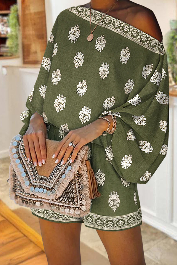 Two Piece Boho Slanted Neck Lantern Sleeve Top And Elastic Waist Shorts Set