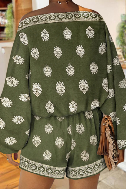 Two Piece Boho Slanted Neck Lantern Sleeve Top And Elastic Waist Shorts Set