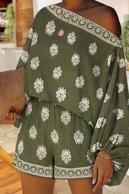 Two Piece Boho Slanted Neck Lantern Sleeve Top And Elastic Waist Shorts Set