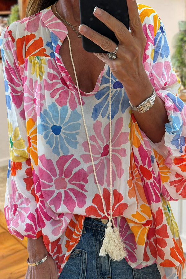 V-Neck Floral Puff Sleeve Shirt