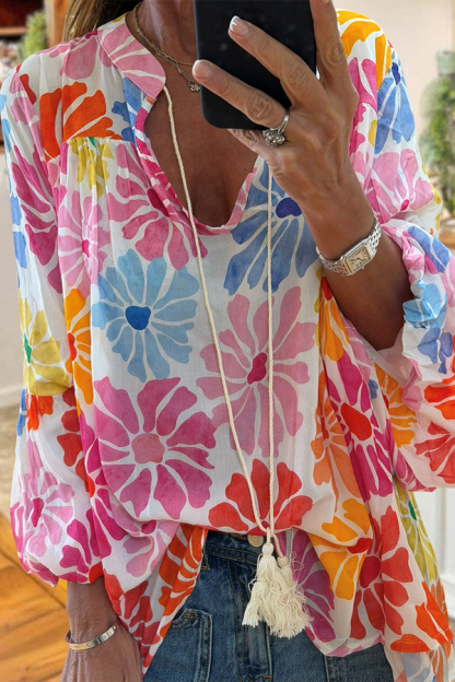 V-Neck Floral Puff Sleeve Shirt