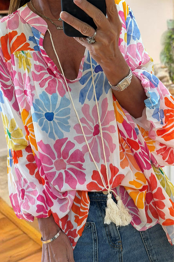 V-Neck Floral Puff Sleeve Shirt