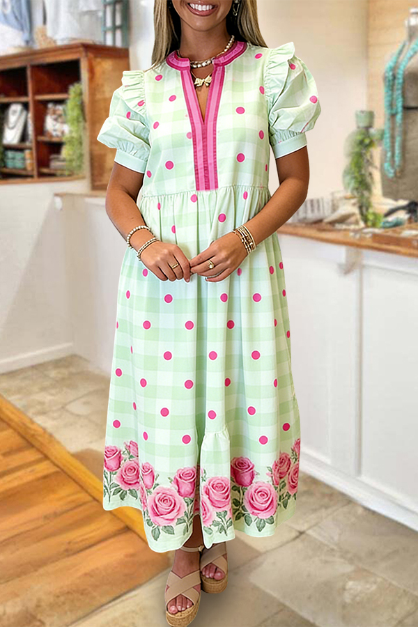 Polka Dot & Floral Ruffled Puff Sleeve Maxi Dress