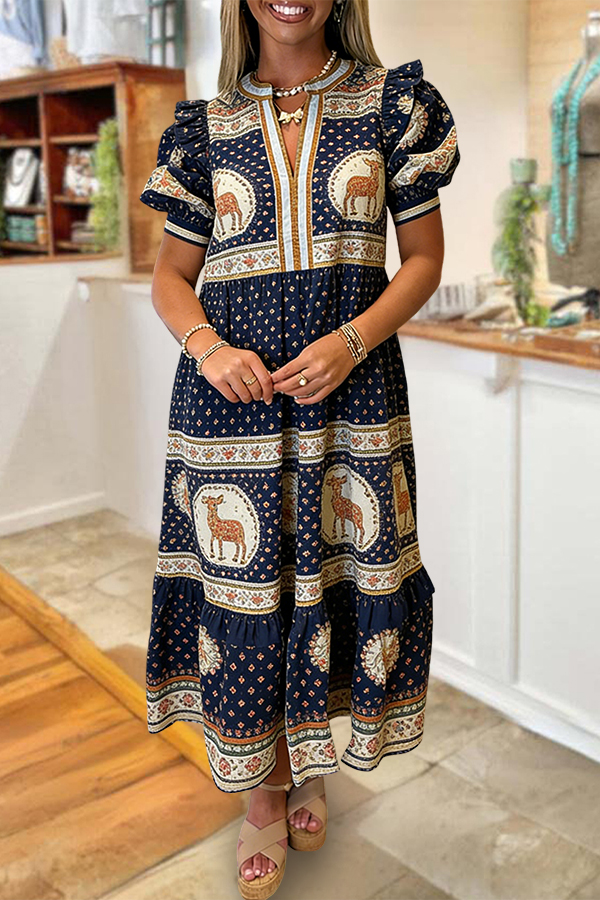Boho Deer Ruffled Puff Sleeve Maxi Dress