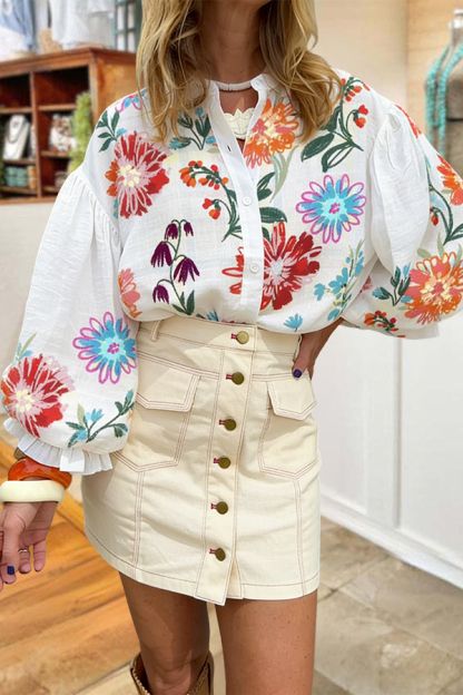 Boho Floral Puff Sleeve Ruffled Shirt