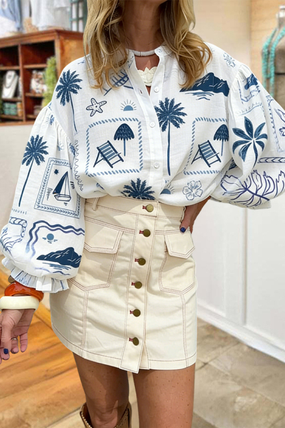 Beach Palm Tree Puff Sleeve Ruffled Blouse