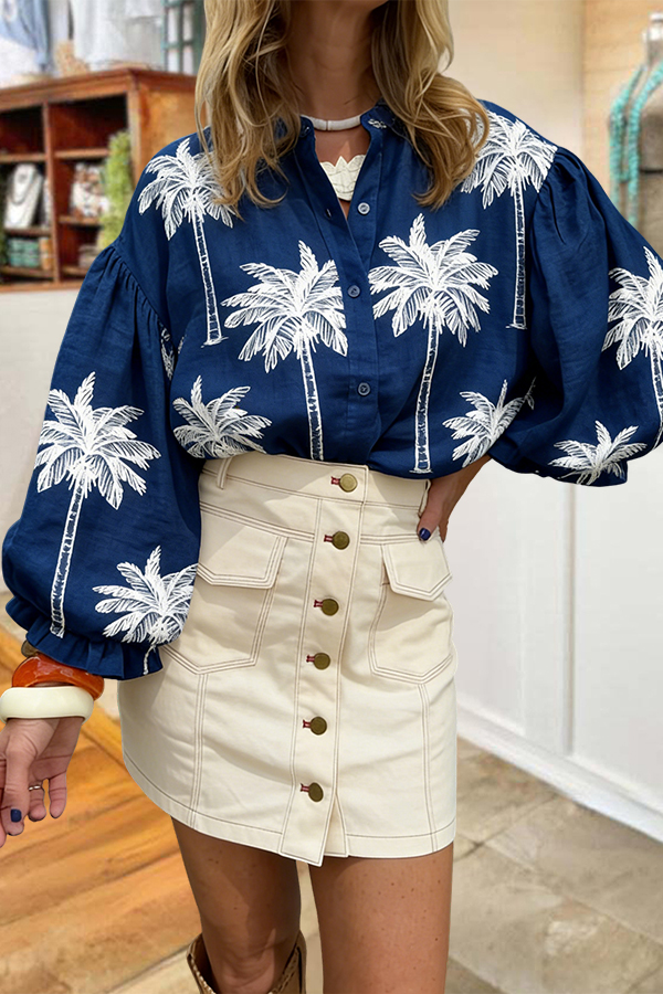 Vacation Palm Tree Puff Sleeve Ruffled Shirt