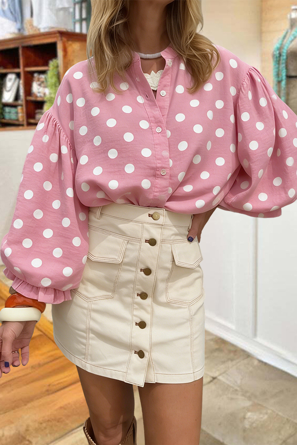 Polka Dots Puff Sleeve Ruffled Blouse