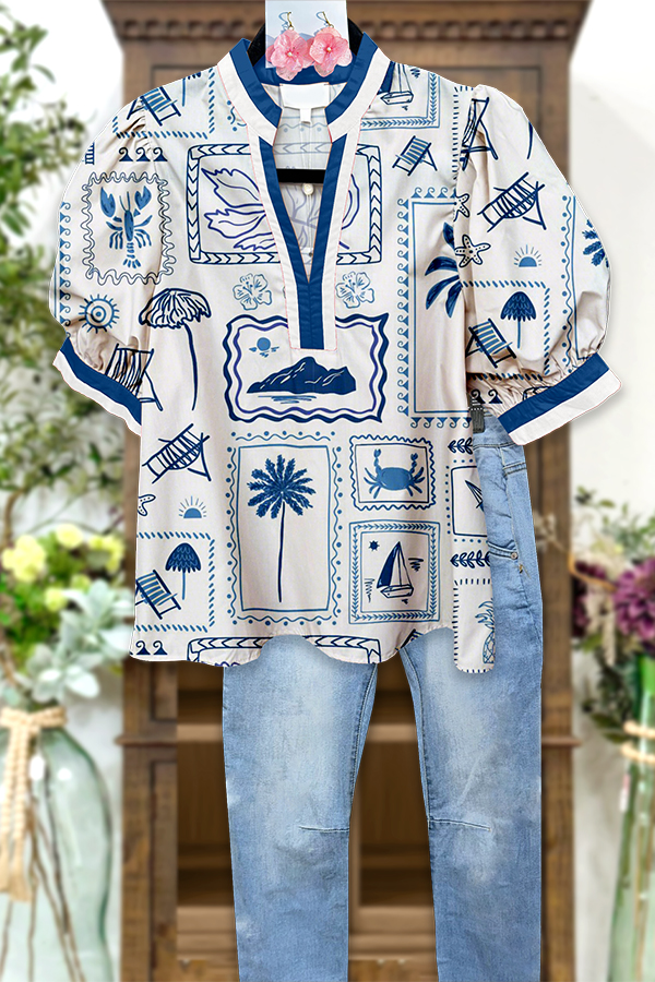 Beach Palm Tree Puff Sleeve Blouse