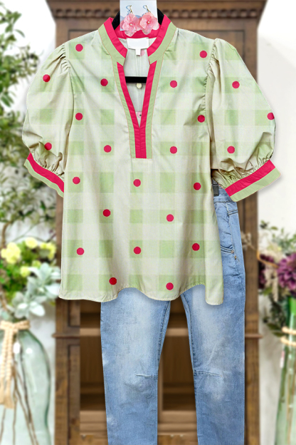 Color Block Polka Dot Puff Sleeve Blouse