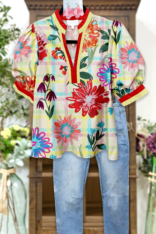 Classic Plaid & Floral Puff Sleeve Blouse
