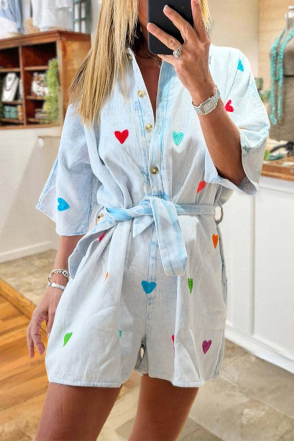 Star Tie Strap Washed Denim Romper