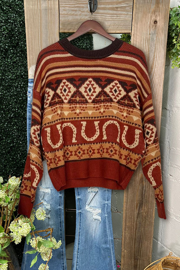 Western Pattern Pullover Sweater