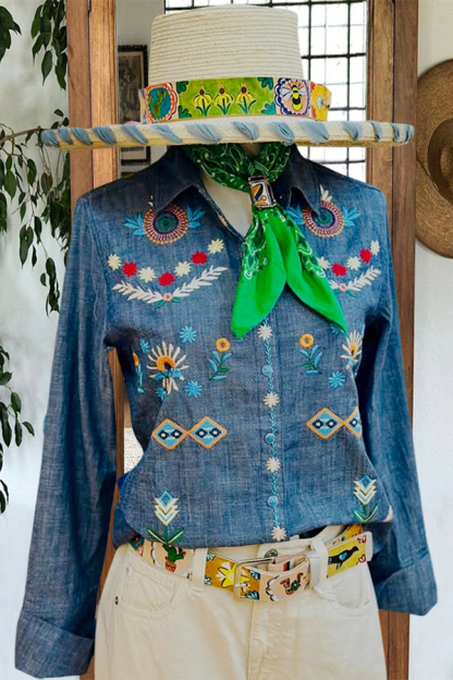 Retro Denim-Style Floral Shirt