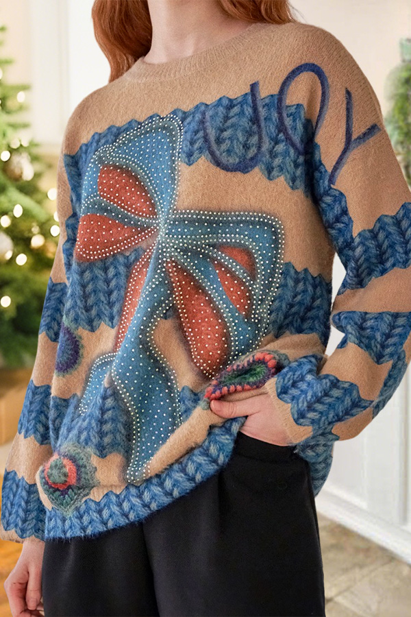 Retro Bow-Tie Round Neck Knit Sweater