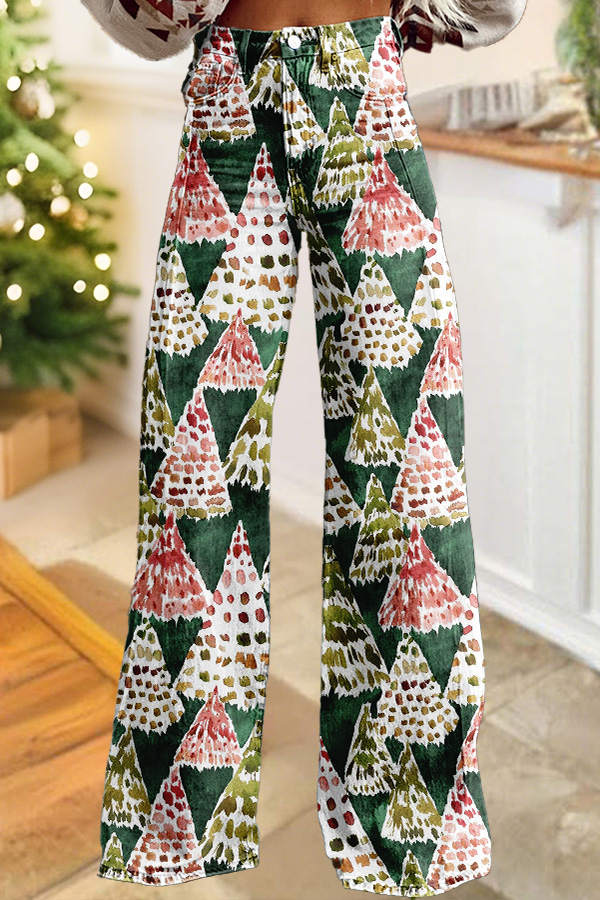 Retro Christmas Tree Print Wide-Leg Pants