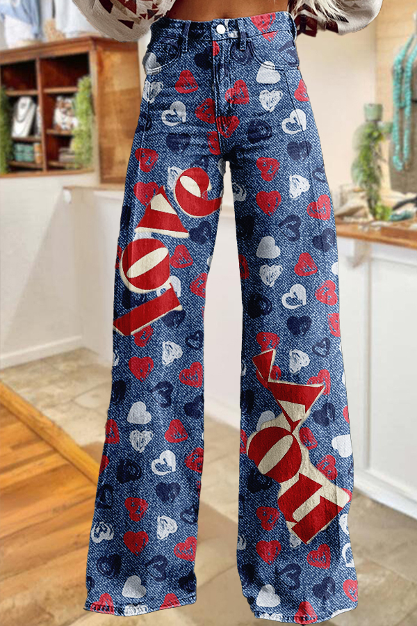 Retro Heart-Print Wide-Leg Pants