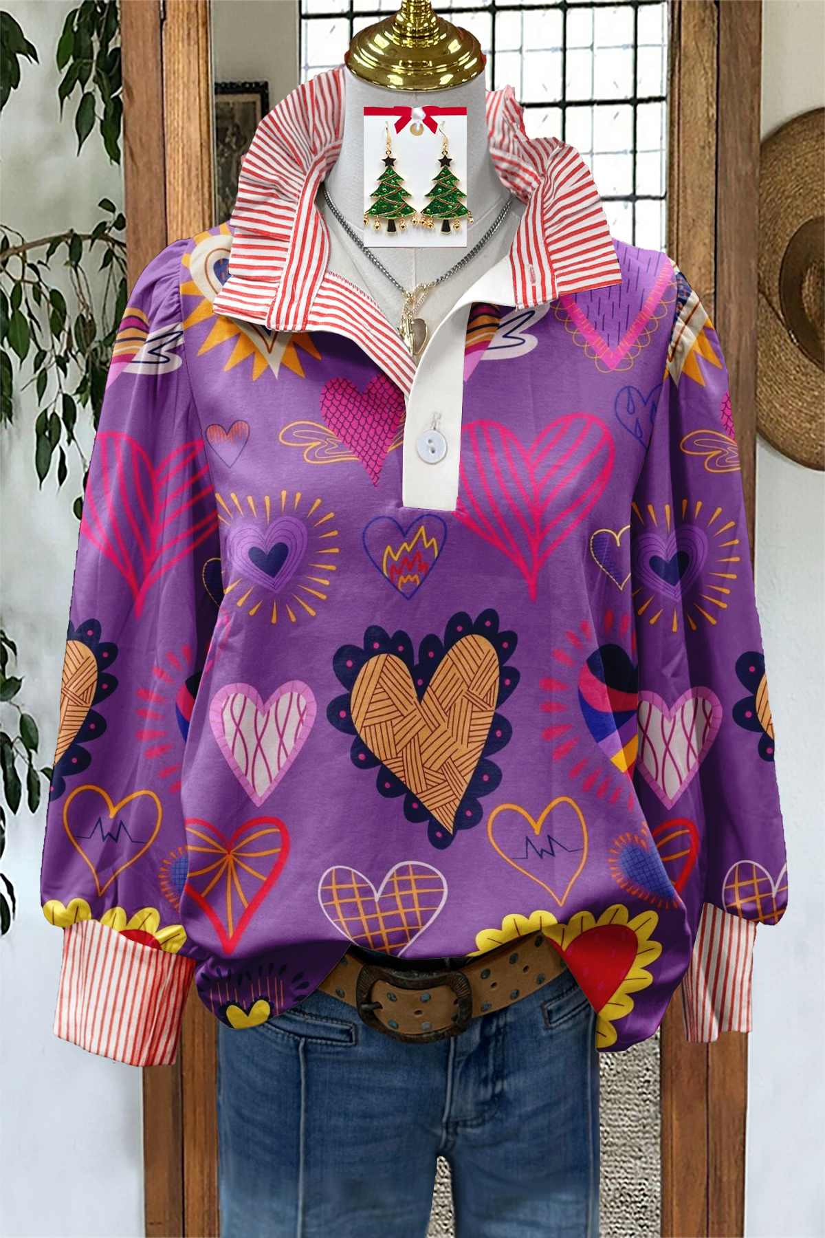 Sweet Heart-Striped Print Ruffled Shirt