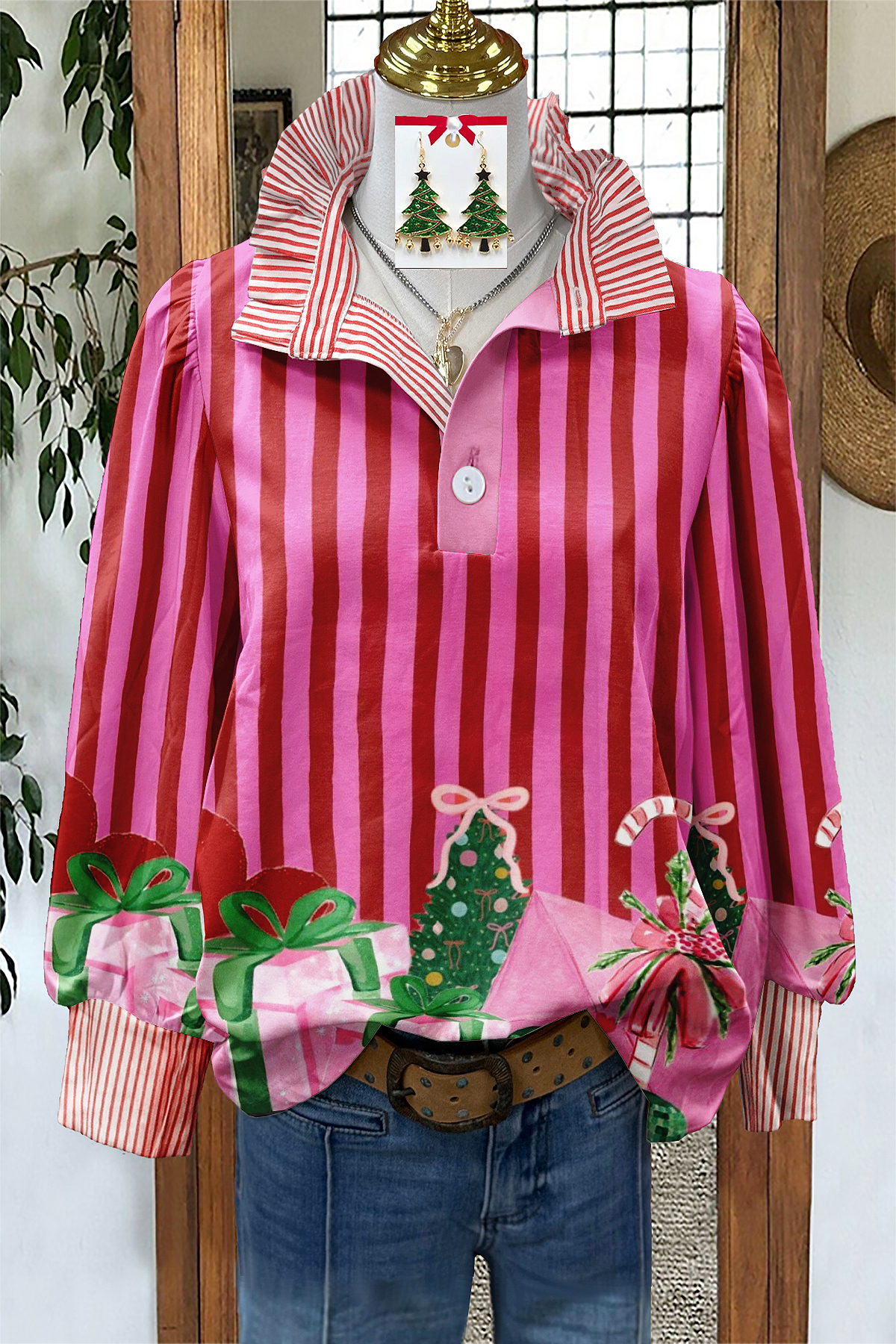 Sweet Christmas Striped Ruffle Shirt