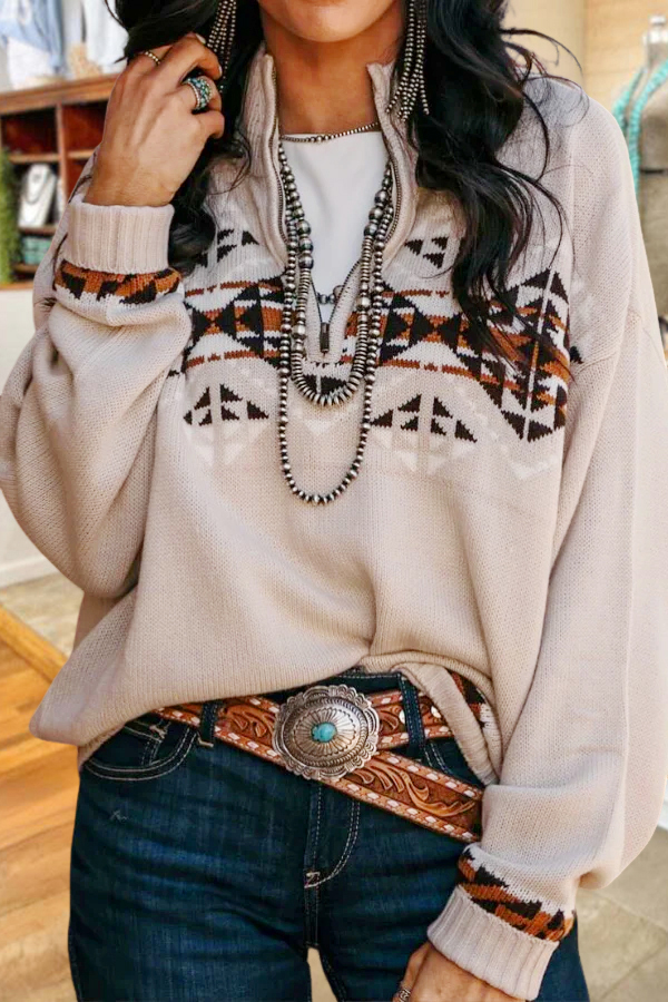Retro Western Geometric Zipper Sweatshirt