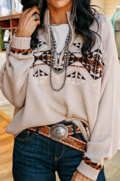 Retro Western Geometric Zipper Sweatshirt