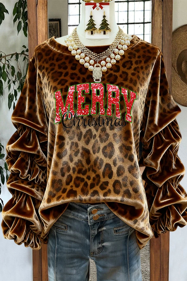 Christmas Classic Leopard Print Pleated Top